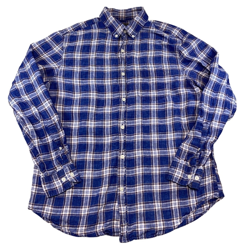 Banana Republic Camden Standard Fit Blue Plaid 100% Linen Shirt Mens Large L